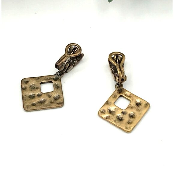 Vintage Hammered Square Brass Dangle Earrings With Cutout Design clip on by Prem - Picture 5 of 5